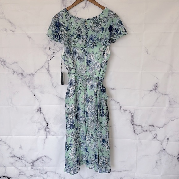 TOMMY HILFIGER Green Blue Floral Flutter Capelet Sleeve Midi Dress Size 18W - Picture 12 of 16
